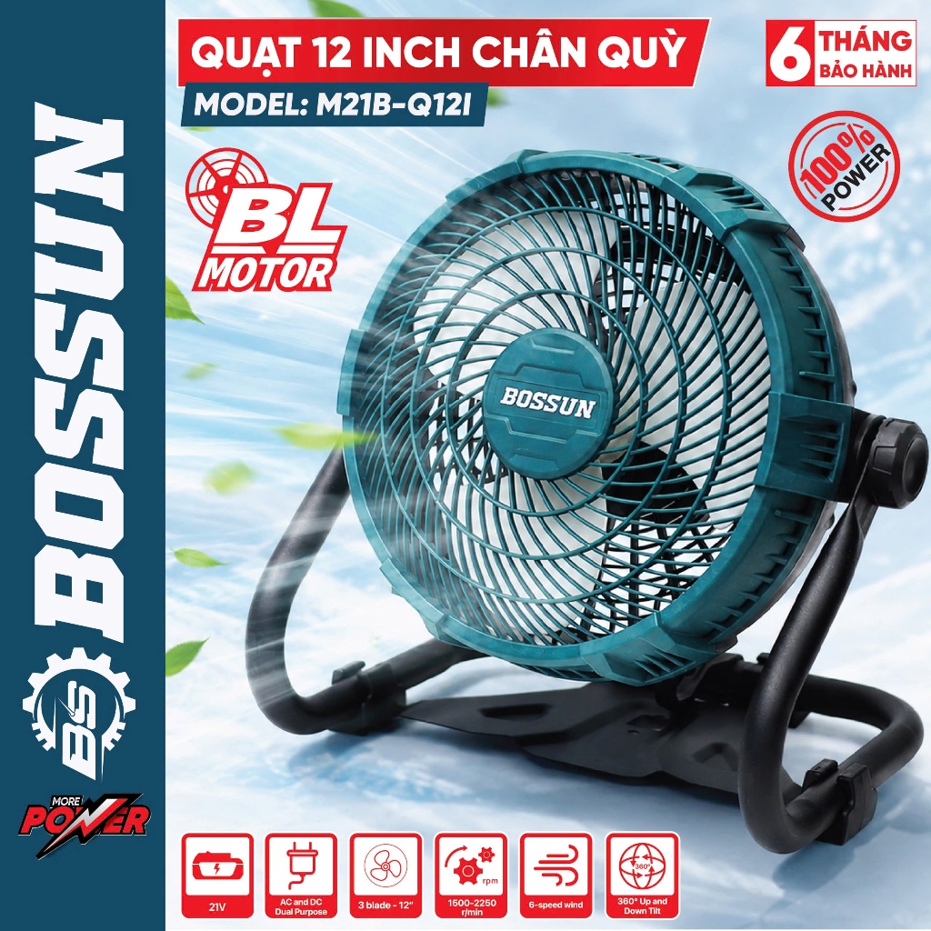 Quạt pin Bossun M21B-Q12I 12 inch chân quỳ Lồng quạt 12inch, Cò vô cấp chỉnh tốc, Gập lên xuống 360 độ, Có móc