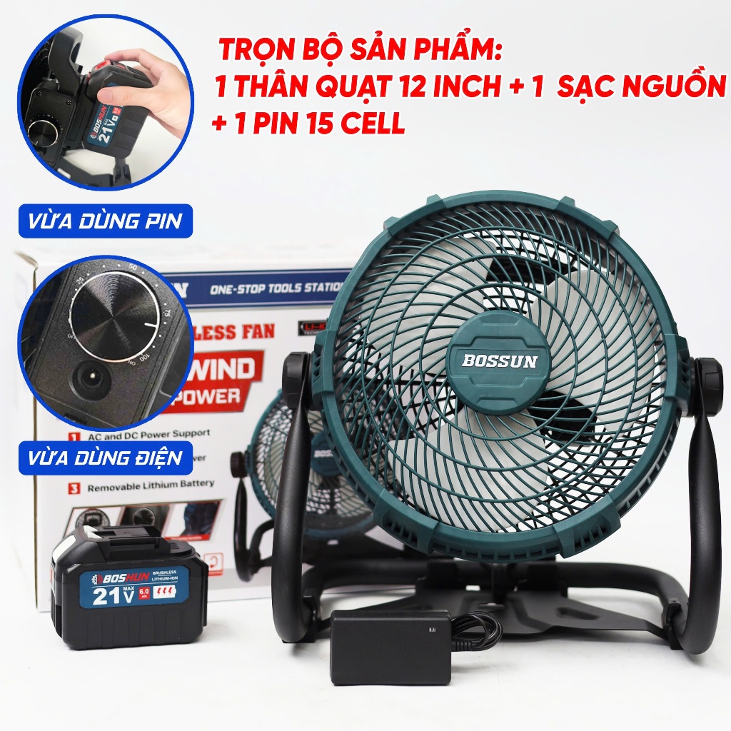 Quạt pin Bossun M21B-Q12I 12 inch chân quỳ Lồng quạt 12inch, Cò vô cấp chỉnh tốc, Gập lên xuống 360 độ, Có móc