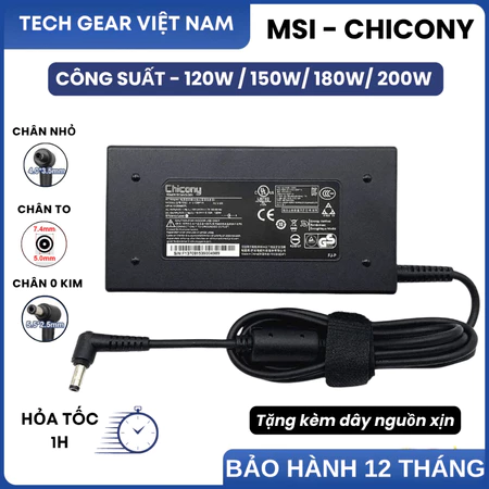 Sạc Laptop MSI Gaming, Sạc CHICONY, Sạc MSI BRAVO, MSI GF63, 19.5V 20V 6.15A/7.7A/9A/9.23A 120W 150W 180W, BH 12 Tháng