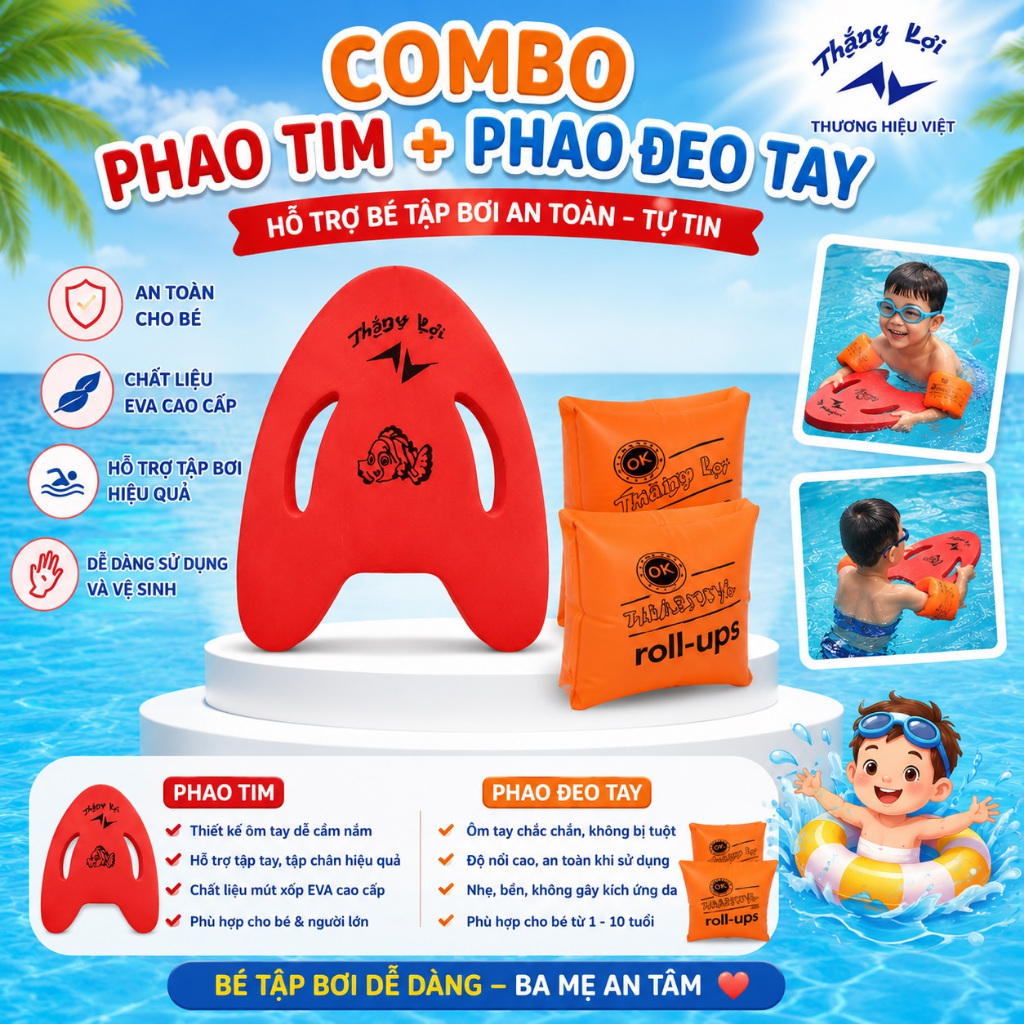 Combo Phao Tim Thắng Lợi + Phao Đeo Tay Trẻ Em Roll-Ups / ABC Pool School, Hỗ Trợ Học Bơi An Toàn Cho Bé