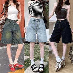 Quần Short Ngố Lửng Nữ Suông Ống Rộng Màu Xanh Đen WASH RETRO Quần Jean Lửng Nữ Lưng Cao BIGSIZE