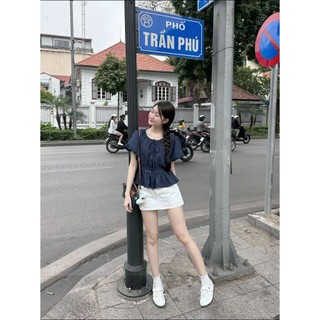 Áo babydoll cộc tay cổ tròn tay bồng chun lưng điệu đà hot trend dành cho nữ