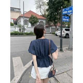 Áo babydoll cộc tay cổ tròn tay bồng chun lưng điệu đà hot trend dành cho nữ