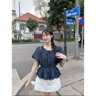 Áo babydoll cộc tay cổ tròn tay bồng chun lưng điệu đà hot trend dành cho nữ