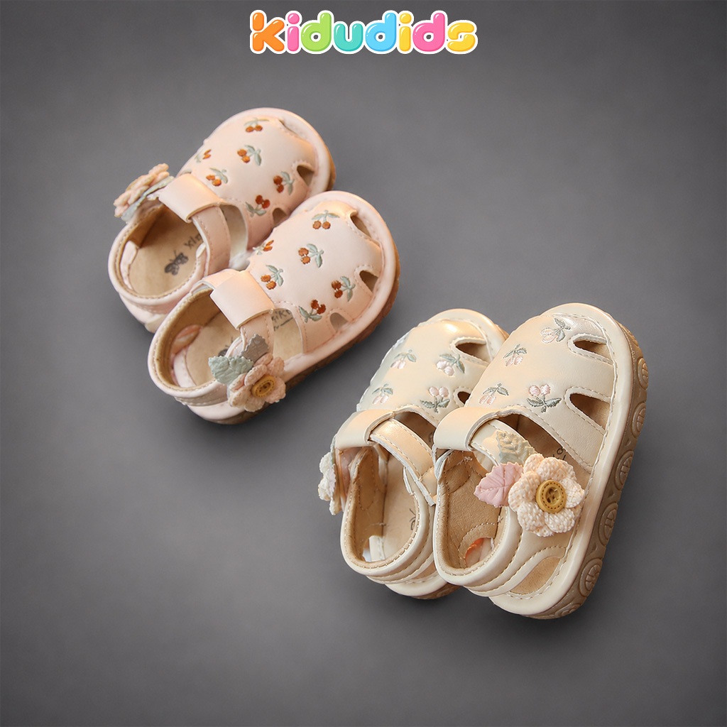 Dép Bé Gái Tập Đi Kidudids Hoa Nổi Chống Trượt Quai Hậu Mềm Êm Cho Bé Gái Size 16-20