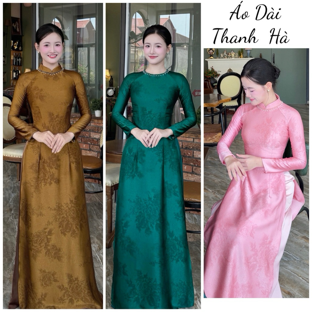 Áo Dài Truyền Thống Gấm Mẫu Đơn Đính Kết Đá Trai Thủ Công, Họa Tiết In Nổi Trên Bề Mặt Vải