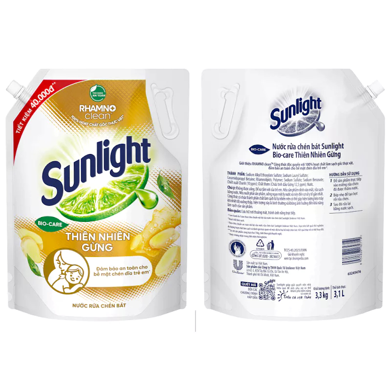 Nước Rửa Chén Bát Sunlight CHANH, TRÀ XANH VÀ THIÊN NHIÊN LÔ HỘI- Túi 3.1KG-3.3KG