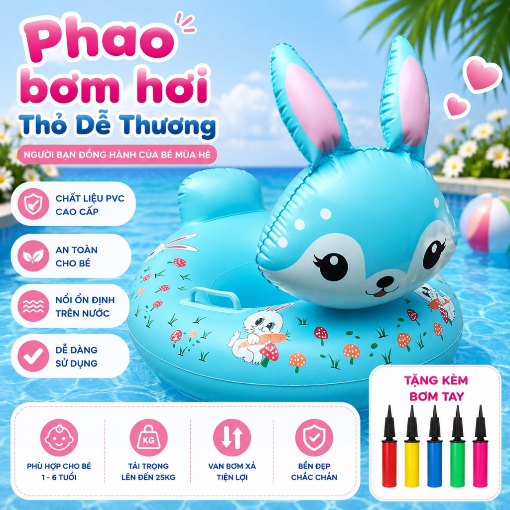 Phao Bơm Hơi Trẻ Em Hình Thú Ô Tô Máy Bay, Phao Tập Bơi Cho Bé, Phao Bơi Trẻ Em An Toàn Cao Cấp + BƠM