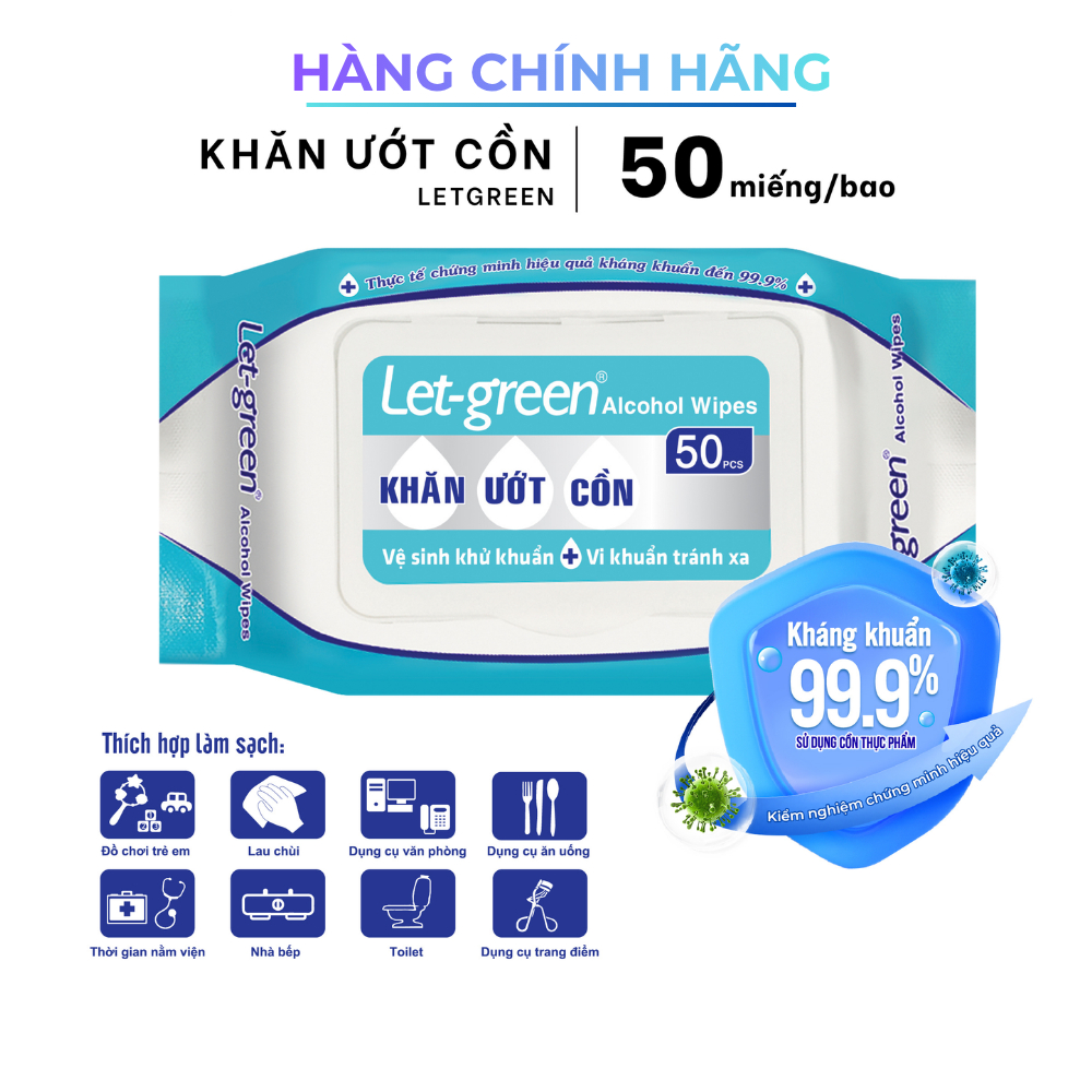 [Combo] Khăn Ướt Cồn Thực Phẩm LET-GREEN 50 Miếng - Kháng Khuẩn 99% - An Toàn - Tiện Lợi