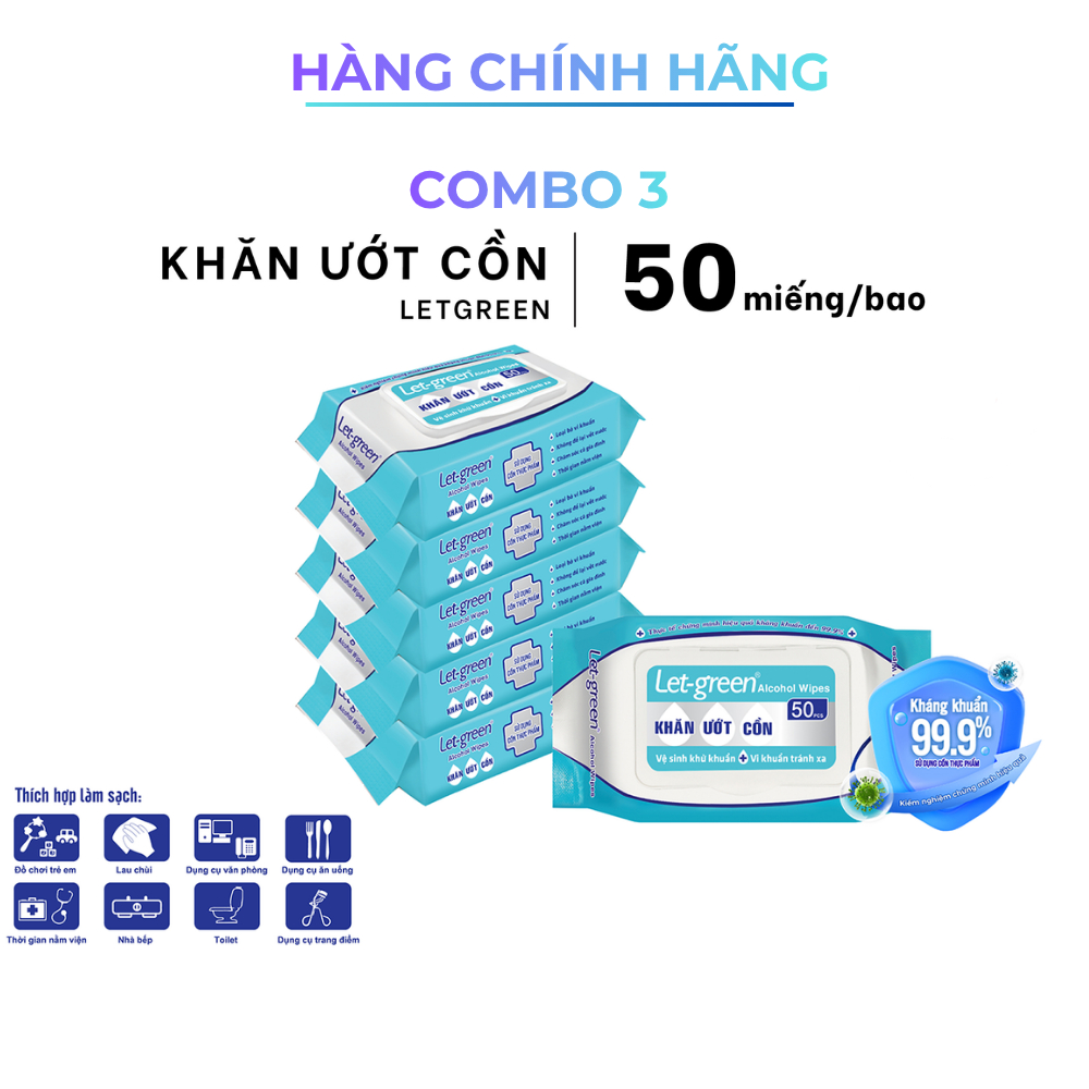 [Combo] Khăn Ướt Cồn Thực Phẩm LET-GREEN 50 Miếng - Kháng Khuẩn 99% - An Toàn - Tiện Lợi