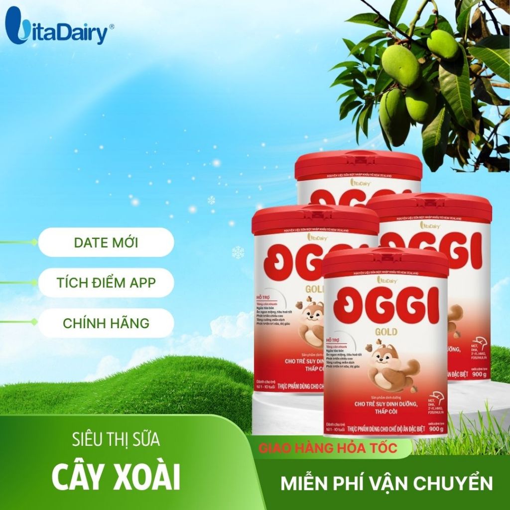 Combo 4-12 hộp Oggi Gold L900g, Sữa công thức cho trẻ suy dinh dưỡng, ngừa táo bón. Vitadairy.