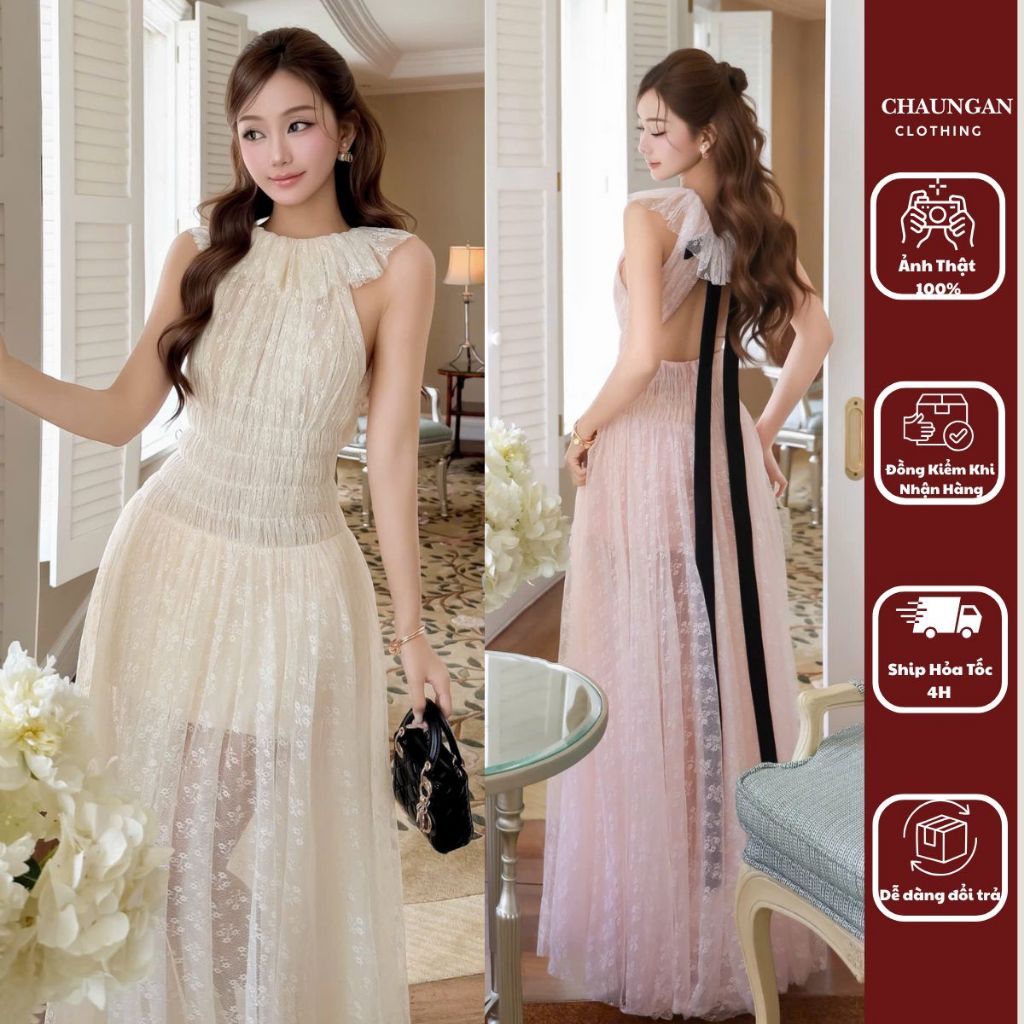 Đầm Maxi Ren Hoa Dáng Dài Cổ Yếm Dập Chun Eo Hở Lưng Thắt Nơ Chuẩn TRANALI Thiết Kế Sang Trọng Đi Tiệc SANG CHẢNH