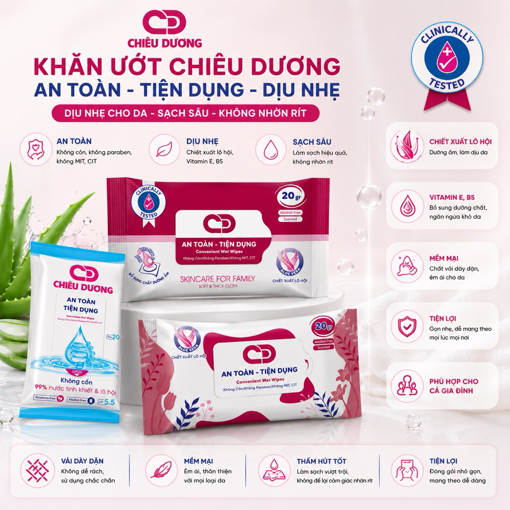 Combo 20 Gói Khăn Ướt Chiêu Dương 20gr Mini Bỏ Túi - Tiện Lợi Cho Học Sinh, Sinh Viên