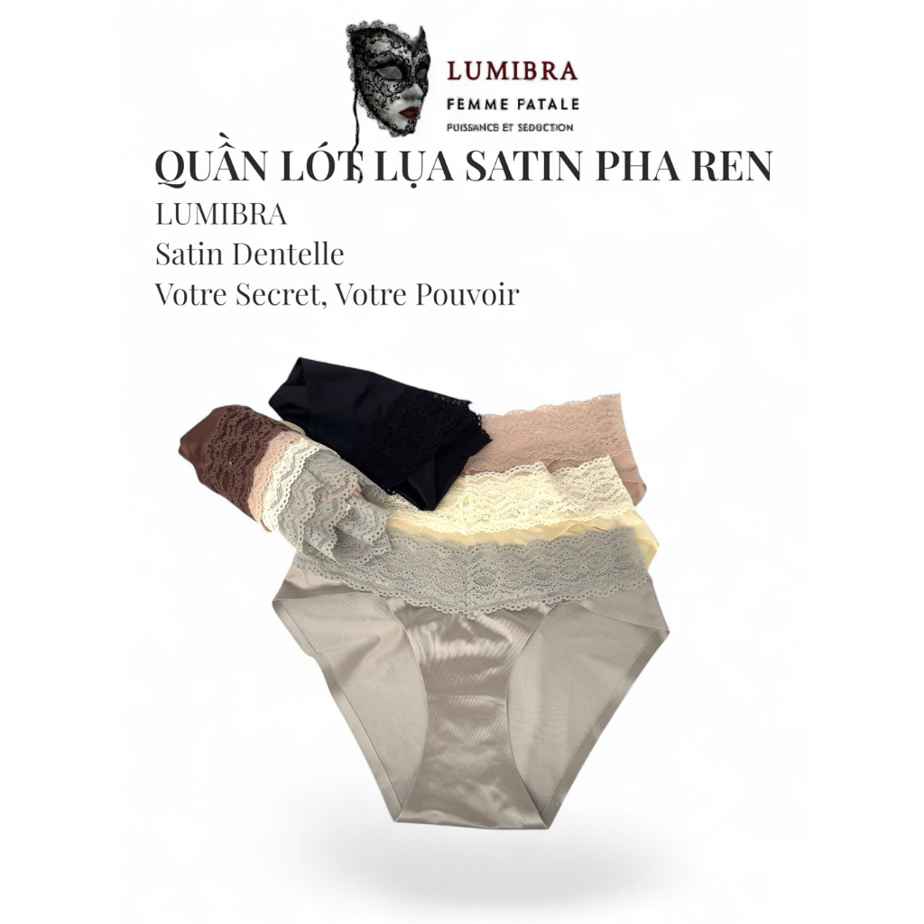 [Sét 3/5 Cái] Quần Lót Nữ Lụa Satin Phối Ren Cạp Chéo LUMIBRA - Mềm Mịn Sexy
