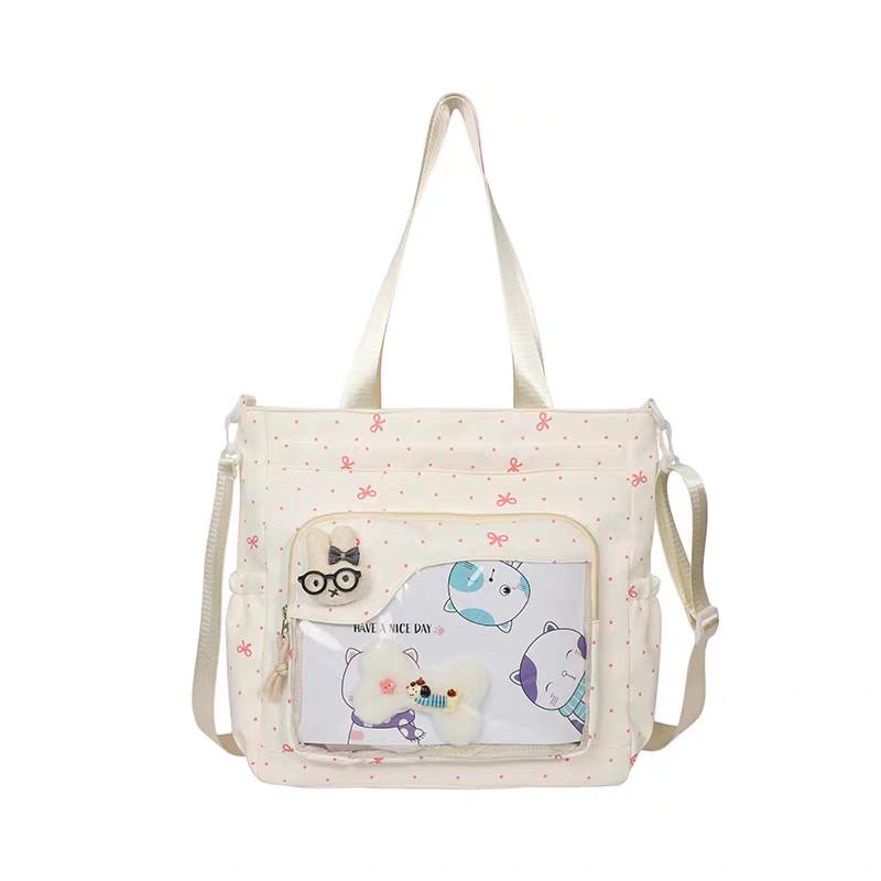 Túi Tote Vải Nữ Đeo Chéo Có Ngăn Trong Suốt (Ita Bag) Kèm Phụ Kiện Gấu Bông Dễ Thương Đi Học Đi Chơi