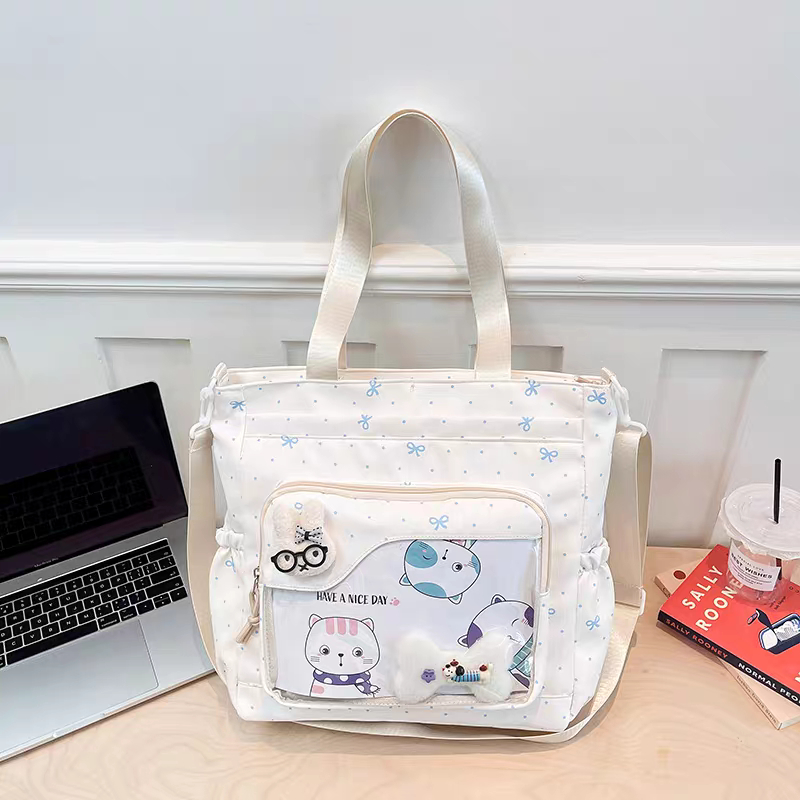 Túi Tote Vải Nữ Đeo Chéo Có Ngăn Trong Suốt (Ita Bag) Kèm Phụ Kiện Gấu Bông Dễ Thương Đi Học Đi Chơi