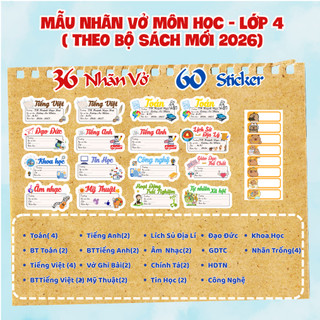 Nhãn vở môn học in tên theo yêu cầu chương trình mới tặng 60 sticker lớp 1 lớp 2 lớp 3 lớp 4 lớp 5, cấp 1, cấp 2 , cấp 3