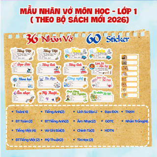 Nhãn vở môn học in tên theo yêu cầu chương trình mới tặng 60 sticker lớp 1 lớp 2 lớp 3 lớp 4 lớp 5, cấp 1, cấp 2 , cấp 3