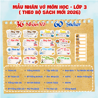 Nhãn vở môn học in tên theo yêu cầu chương trình mới tặng 60 sticker lớp 1 lớp 2 lớp 3 lớp 4 lớp 5, cấp 1, cấp 2 , cấp 3