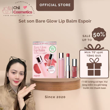 Set son dưỡng Espoir Bare Glow Lip Balm + son tint bóng Tint Glaze Ginger Peach Mini Set (Nhập khẩu chính hãng) 4.8 11