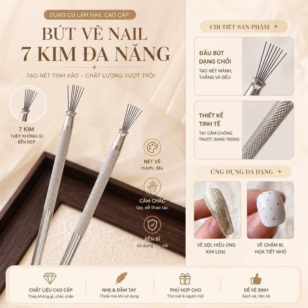 Bút Vẽ Nail 7 Kim Đa Năng Cao Cấp - Dụng Cụ Tạo Vân Đá Vẽ Sợi Kim Loại Nail Art Thép Không Gỉ NB18