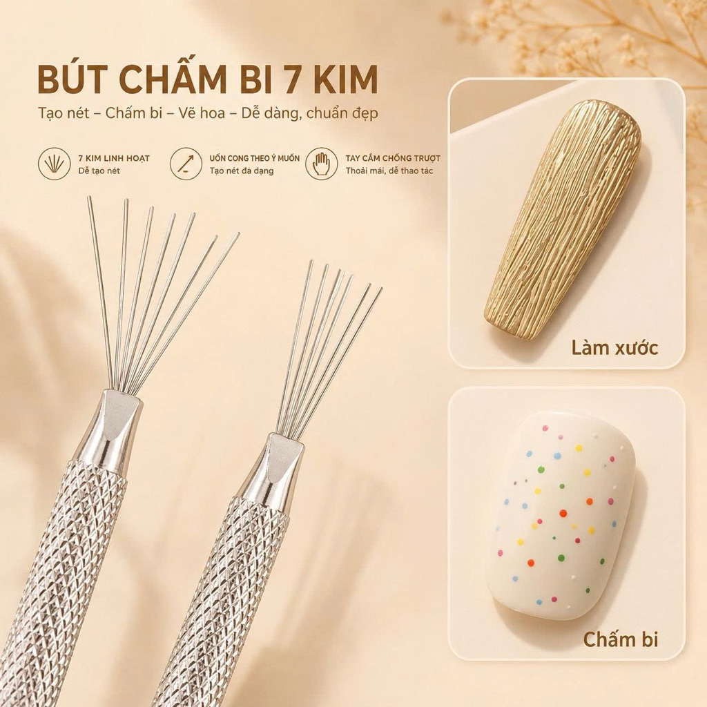 Bút Vẽ Nail 7 Kim Đa Năng Cao Cấp - Dụng Cụ Tạo Vân Đá Vẽ Sợi Kim Loại Nail Art Thép Không Gỉ NB18