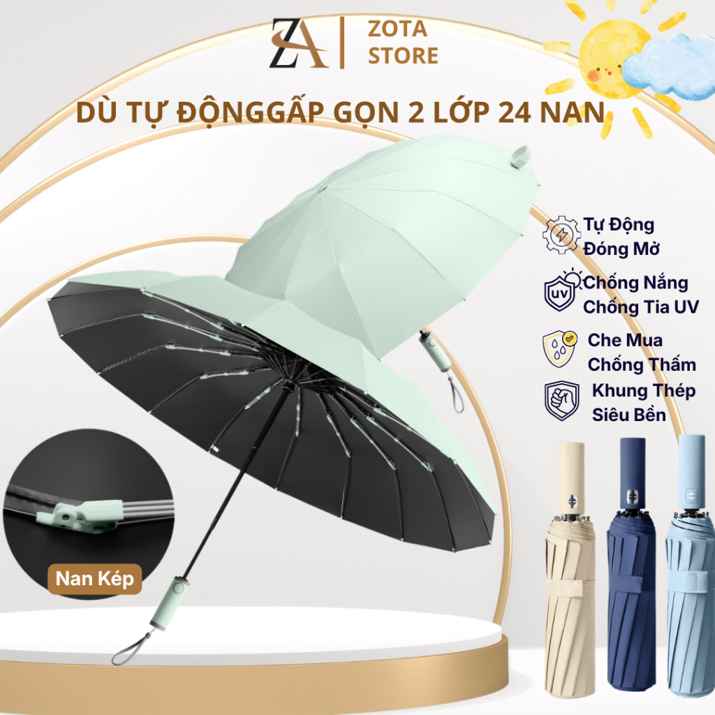 Ô Dù Che Mưa Chống Nắng 24 Nan UPF50+ Tự Động Gấp Mở 2 Chiều, Khung Xương Dày Cứng Cáp