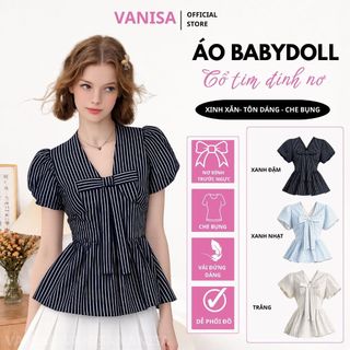 Áo Kiểu Nữ Sọc Xanh Cổ V Buộc Nơ Trước Ngực Chiết Eo Tôn Dáng sọc xanh trắng basic VANISA SMS101