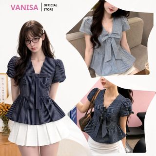 Áo Sơ Mi Sọc Nữ Tay Ngắn Dáng Babydoll Cúc Trước Ngực Dịu Dàng xanh đậm xanh nhạt trắng VANISA SMS101