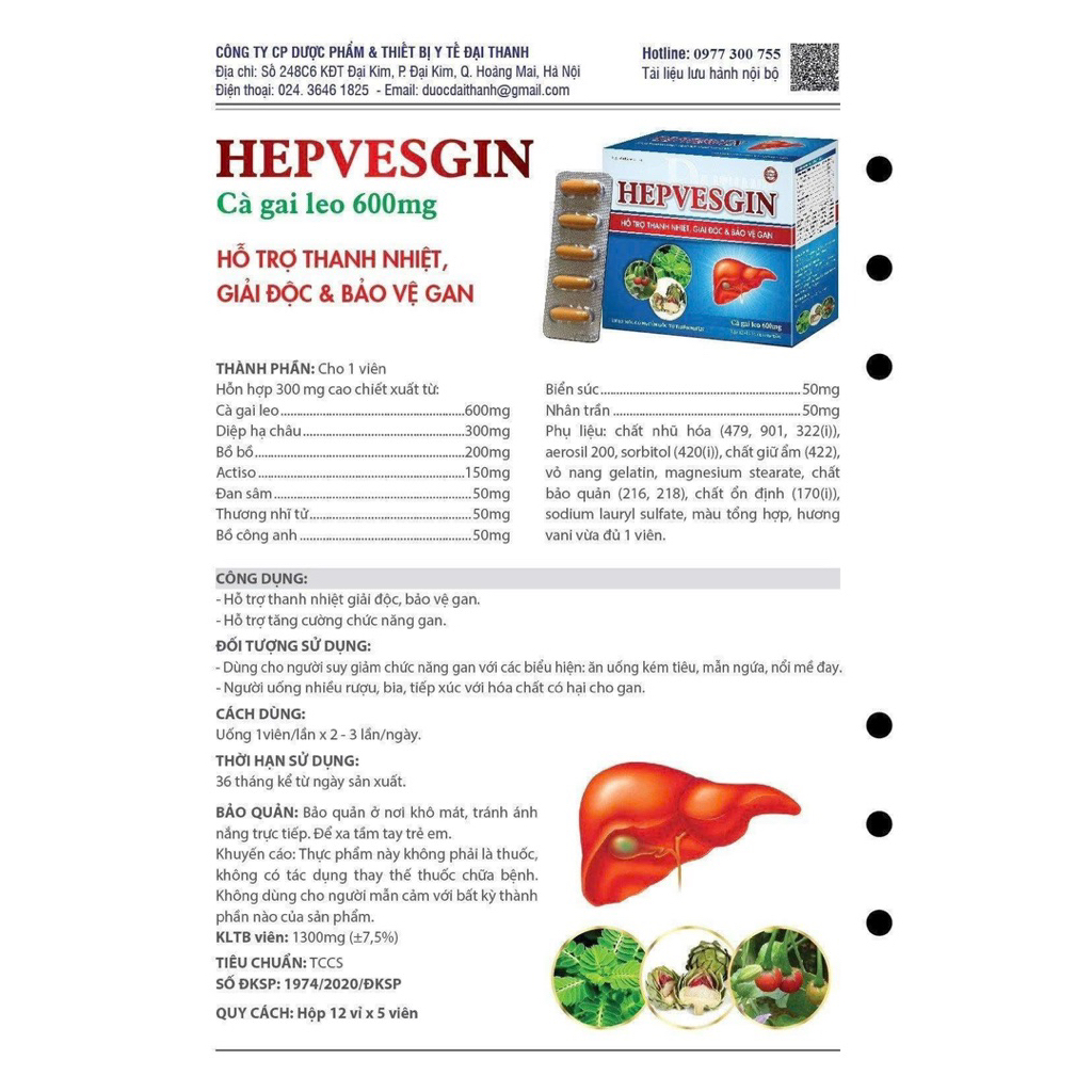 Viên bổ gan CÀ GAI LEO HEPVESGIN 60 viên