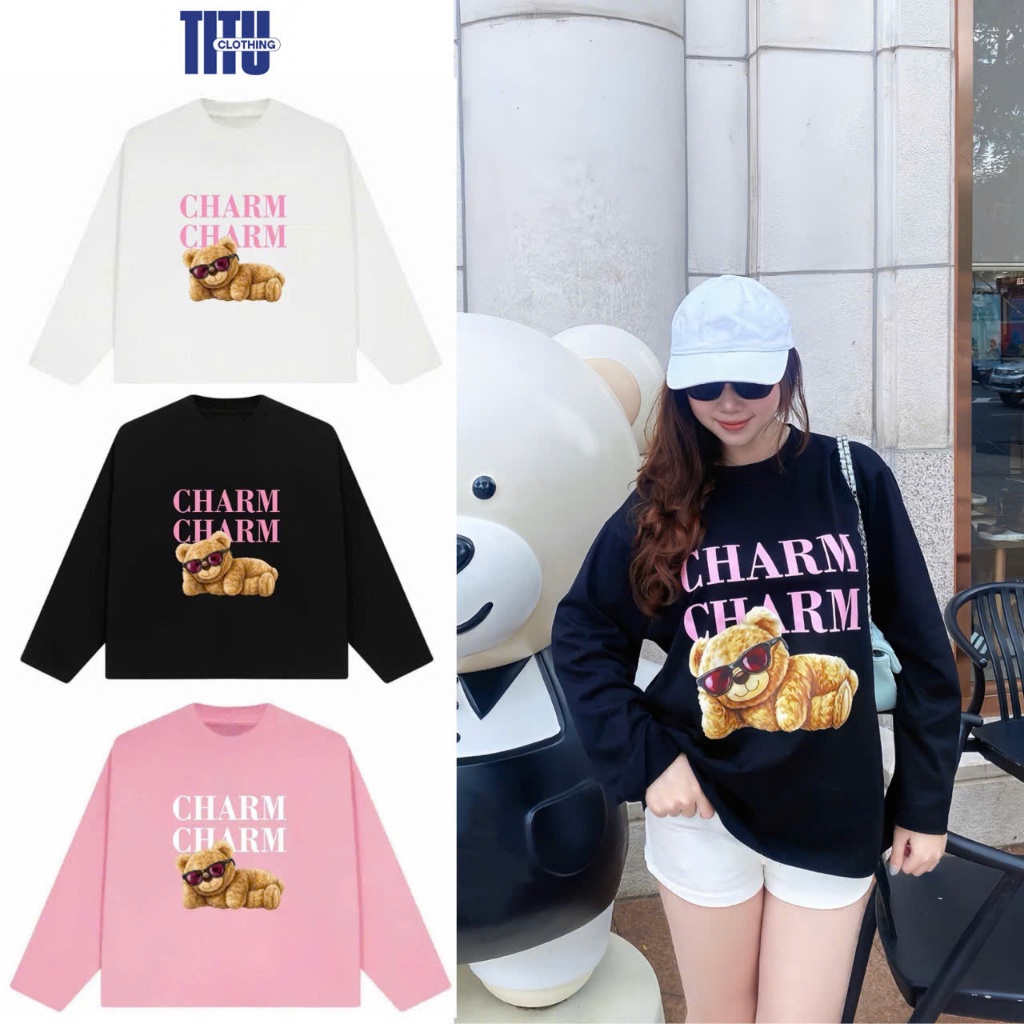 Áo Thun Boxy Tay Dài Hình Gấu "CHARM", Cotton 250GSM