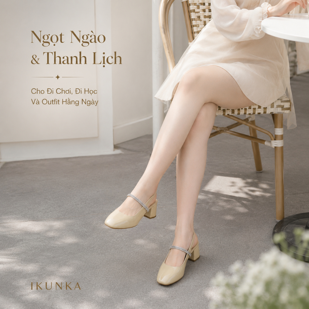 IKUNKA Sandal Cao Gót Nữ Bít Mũi Giày Sục Quai Hậu Đính Đá Gót Vuông, Giày Nữ Công Sở Style Hàn Quốc