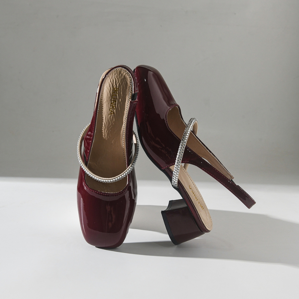IKUNKA Sandal Cao Gót Nữ Bít Mũi Giày Sục Quai Hậu Đính Đá Gót Vuông, Giày Nữ Công Sở Style Hàn Quốc