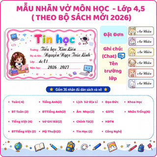 36 Nhãn vở môn học in tên theo yêu cầu theo bộ sách mới 2026 cho bé trai bé gái tặng kèm 60 sticker dán đồ dùng học tập