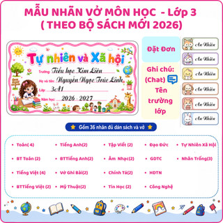 36 Nhãn vở môn học in tên theo yêu cầu theo bộ sách mới 2026 cho bé trai bé gái tặng kèm 60 sticker dán đồ dùng học tập