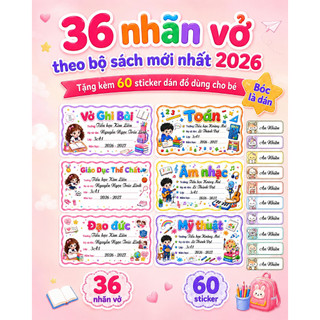 36 Nhãn vở môn học in tên theo yêu cầu theo bộ sách mới 2026 cho bé trai bé gái tặng kèm 60 sticker dán đồ dùng học tập