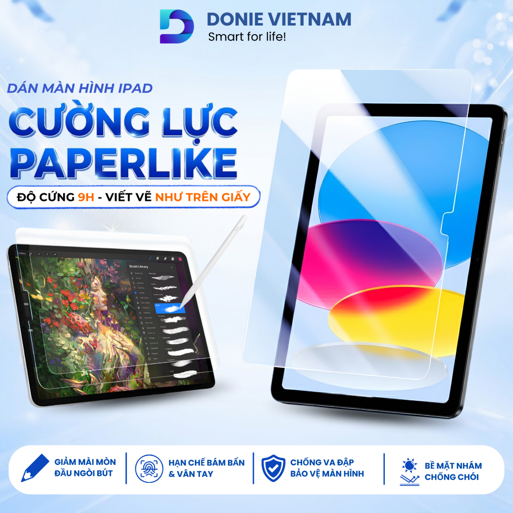 Kính Cường Lực Paperlike iPad Donie C04 | 2in1 Bảo Vệ & Viết Vẽ Như Giấy, Dùng Cho Gen/Air/Pro/Mini