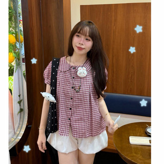 [QUINS]~(TẶNG GHIM GẤU) ÁO BABYDOLL CHERRY CARO TAY BỒNG BÂU SEN DỄ THƯƠNG