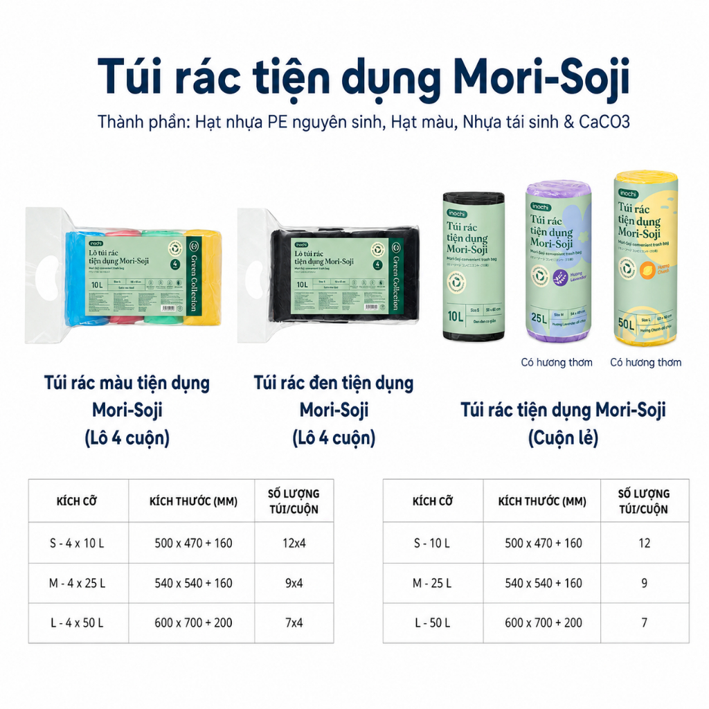 Lô túi rác tiện dụng Inochi (4 cuộn) - Túi rác đen/màu tự hủy, an toàn , có quai xách tiện lợi