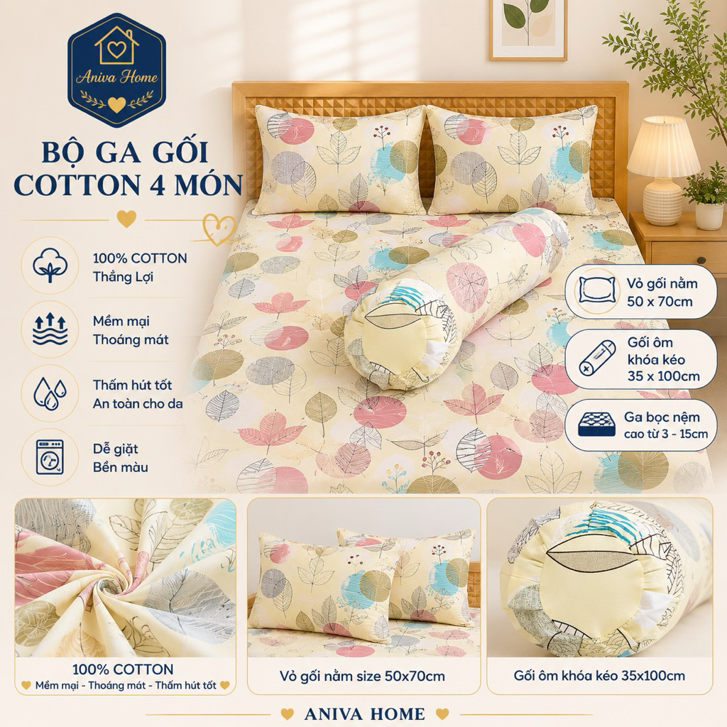 Bộ Ga Gối Cotton Thắng Lợi Aniva Home 4 Món Size 1m - 1m8 Ga Bọc Nệm Mềm Mại, Thoáng Mát, Thấm Hút Tốt