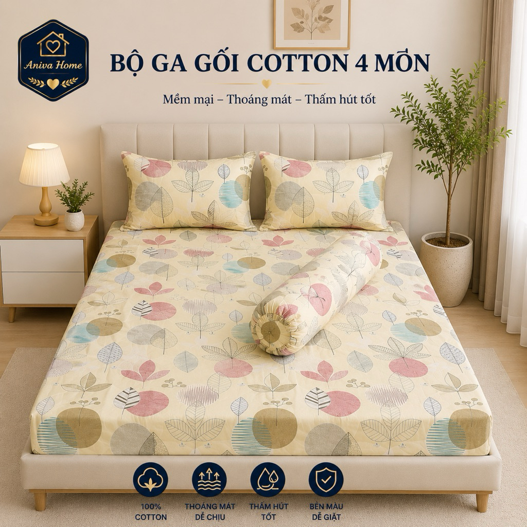 Bộ Ga Gối Cotton Thắng Lợi Aniva Home 4 Món Size 1m - 1m8 Ga Bọc Nệm Mềm Mại, Thoáng Mát, Thấm Hút Tốt