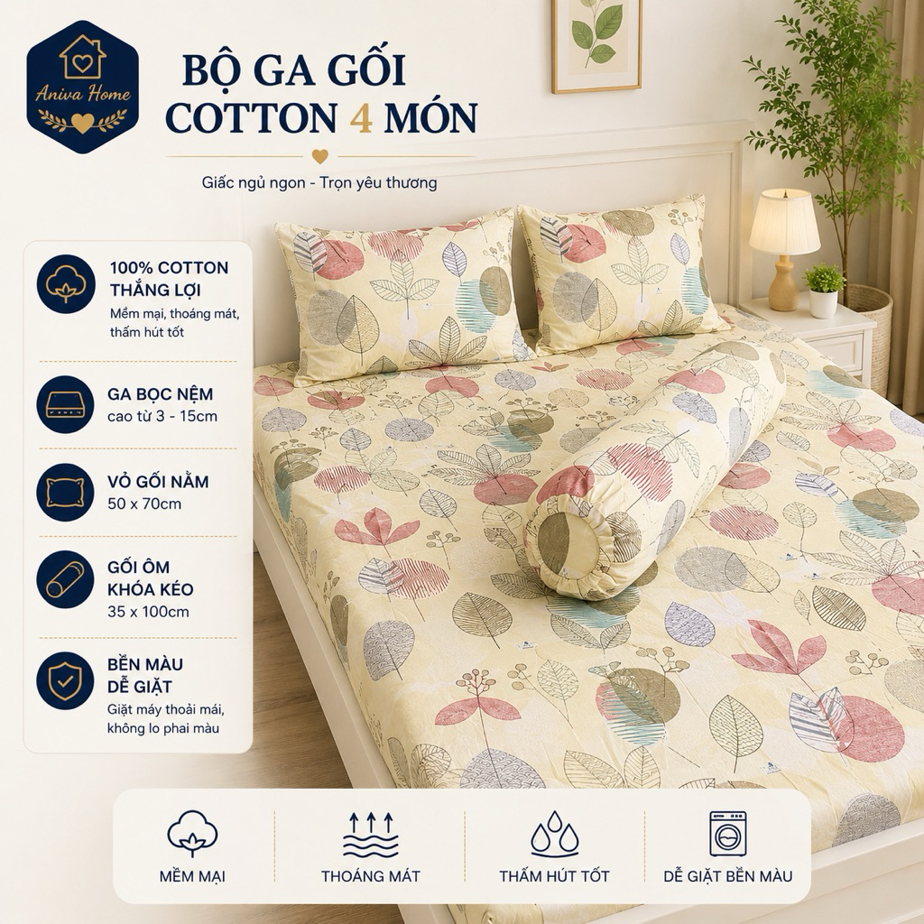 Bộ Ga Gối Cotton Thắng Lợi Aniva Home 4 Món Size 1m - 1m8 Ga Bọc Nệm Mềm Mại, Thoáng Mát, Thấm Hút Tốt