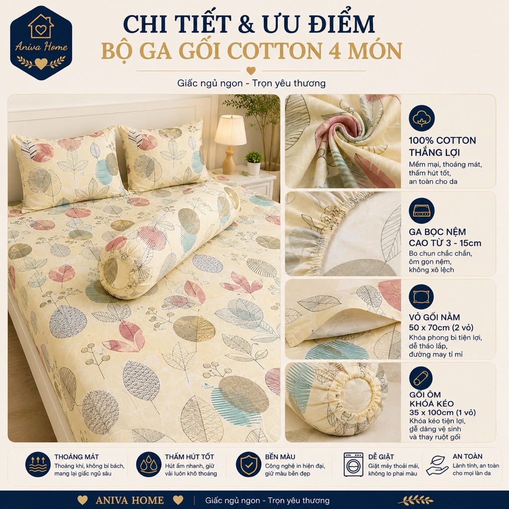 Bộ Ga Gối Cotton Thắng Lợi Aniva Home 4 Món Size 1m - 1m8 Ga Bọc Nệm Mềm Mại, Thoáng Mát, Thấm Hút Tốt