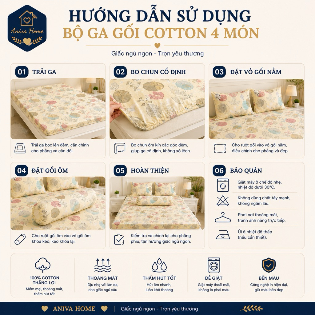 Bộ Ga Gối Cotton Thắng Lợi Aniva Home 4 Món Size 1m - 1m8 Ga Bọc Nệm Mềm Mại, Thoáng Mát, Thấm Hút Tốt
