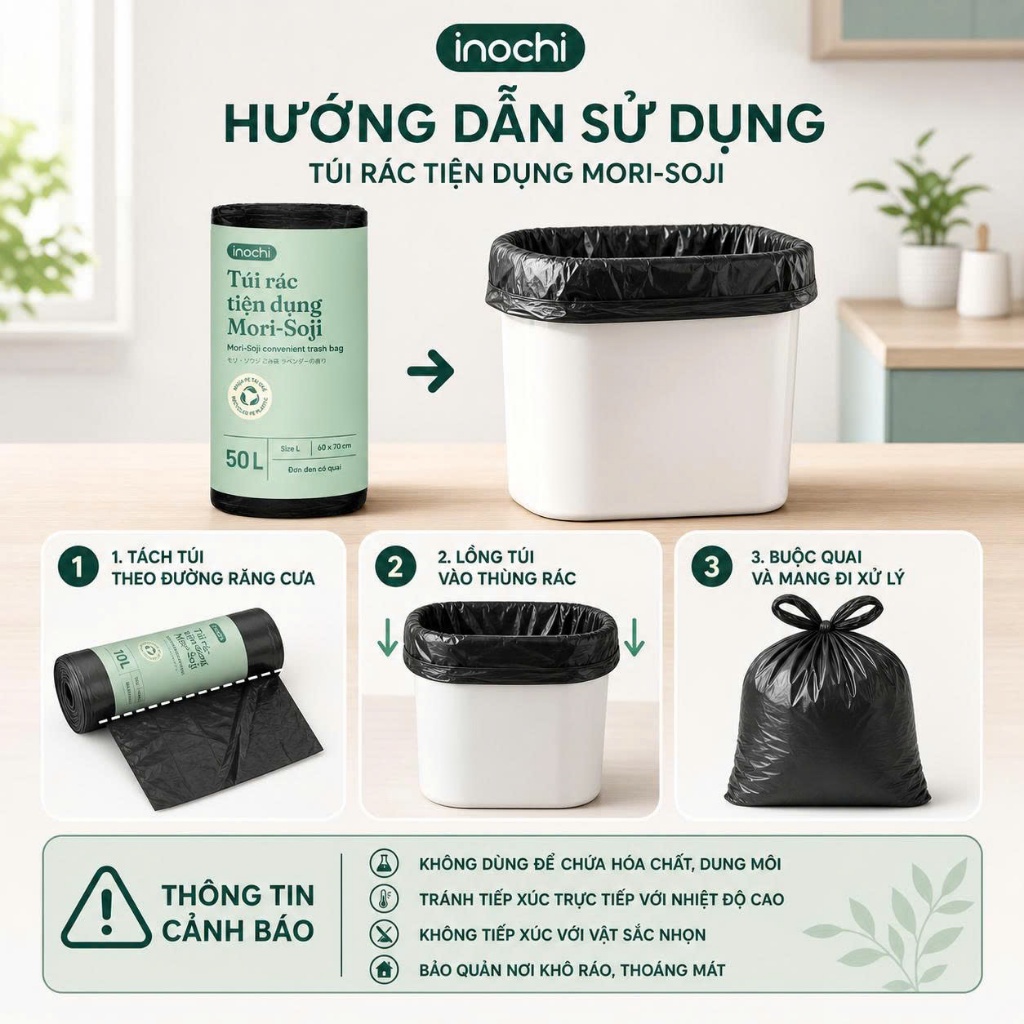 Túi rác tự huỷ sinh học Inochi có quai tiện dụng dạng cuộn nhiều màu, mùi hương dài và dai hơn 20%