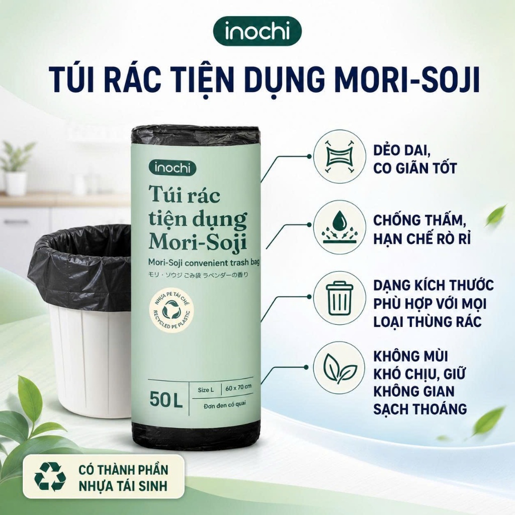 Túi rác tự huỷ sinh học Inochi có quai tiện dụng dạng cuộn nhiều màu, mùi hương dài và dai hơn 20%