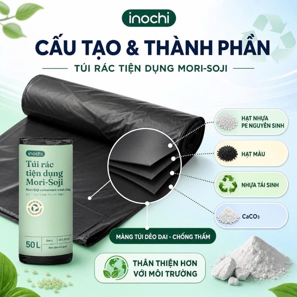 Túi rác tự huỷ sinh học Inochi có quai tiện dụng dạng cuộn nhiều màu, mùi hương dài và dai hơn 20%