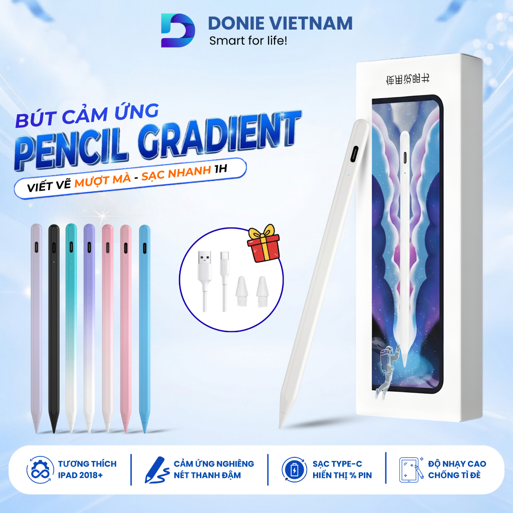 Bút Cảm Ứng Pencil Gradient Hiển Thị % Pin, Cảm Ứng Nghiêng Chống Tỳ Đè Cho iPad 2018+ | Donie AP04