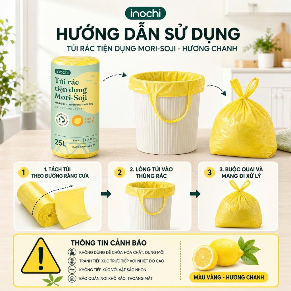 Túi rác tự huỷ sinh học Inochi có quai tiện dụng dạng cuộn nhiều màu, mùi hương dài và dai hơn 20%