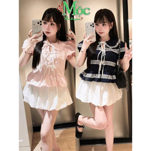 Set váy ngắn, Set thiết kế áo kiểu nữ vải Thô cổ sen tay ngắn phối Ren dây nơ mix váy bí phồng_MK